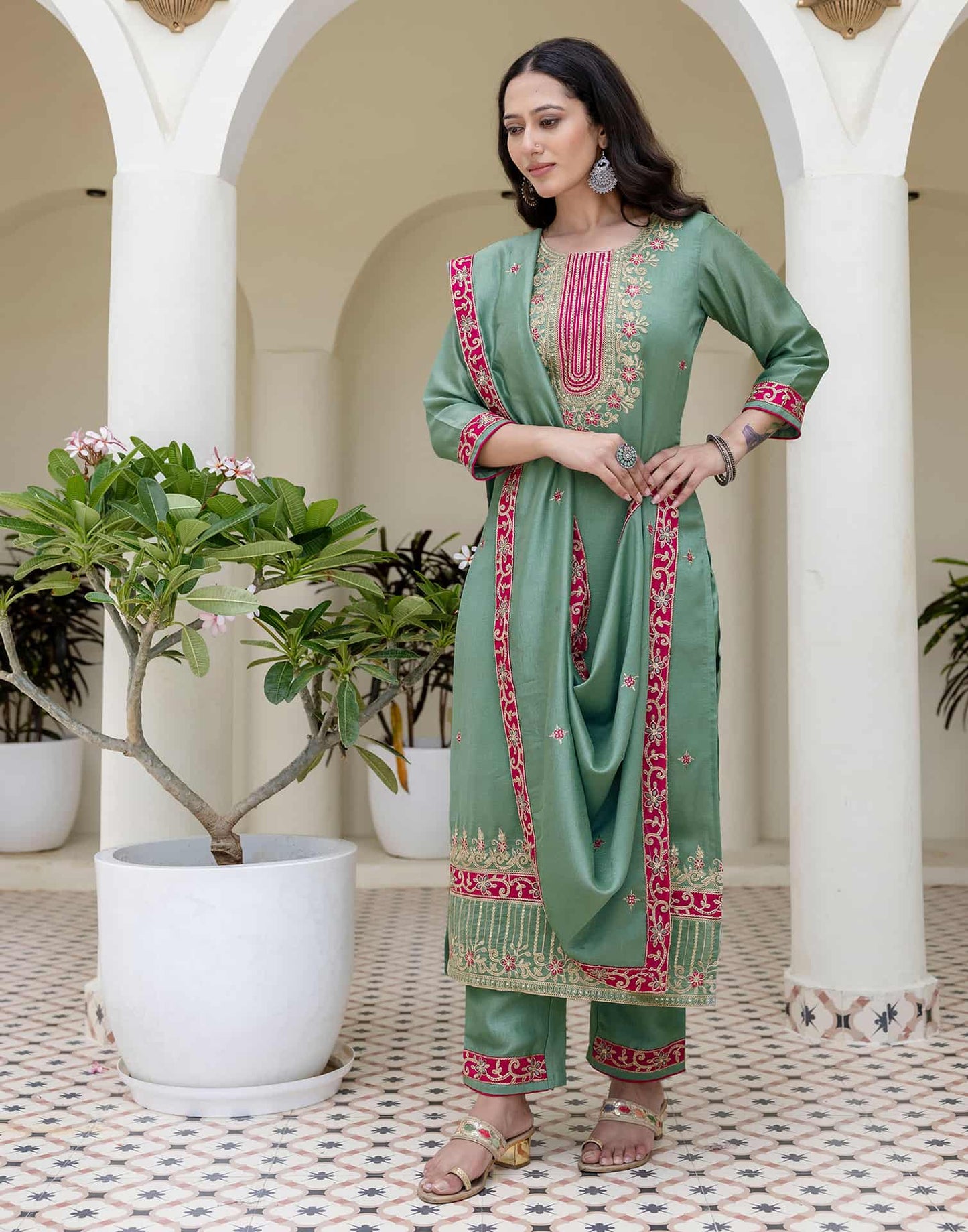 Silk Embroidery, Sequins Work and Embroidery Lace A-Line Kurta with Pant & Dupatta
