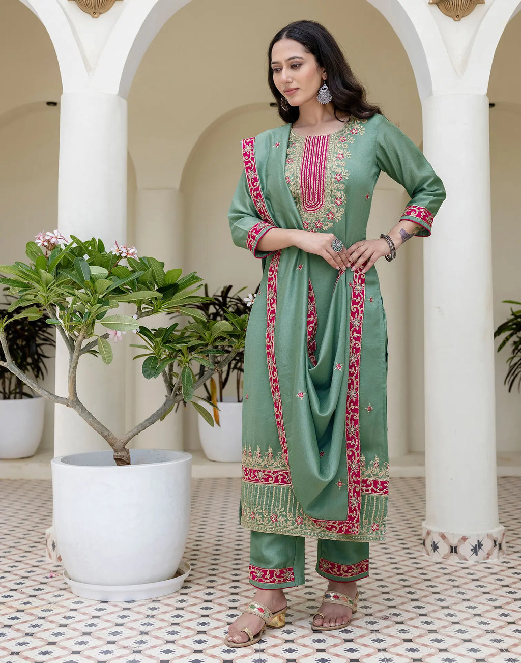 Silk Embroidered Straight 3 Piece Kurta Set