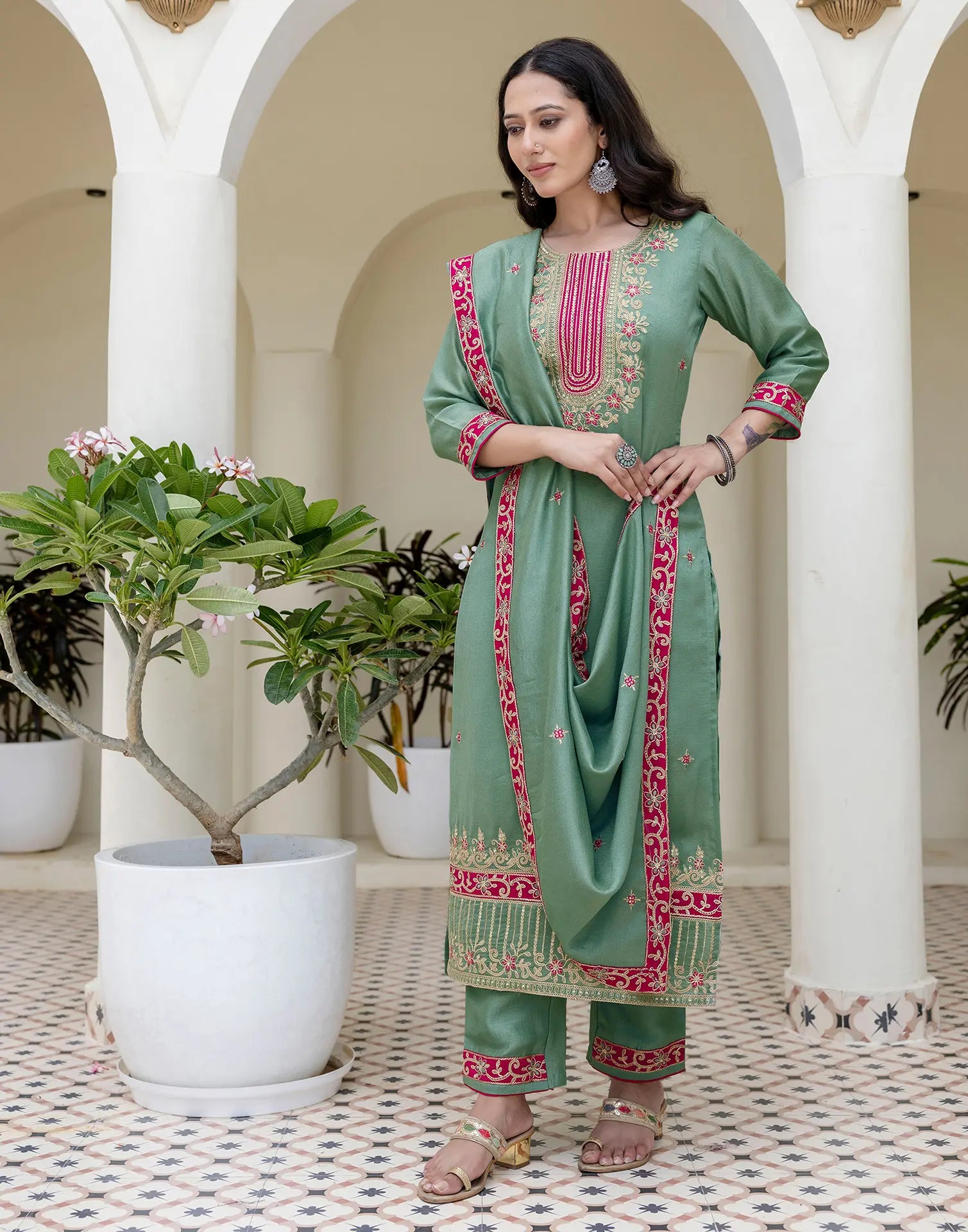 Silk Embroidered Straight 3 Piece Kurta Set