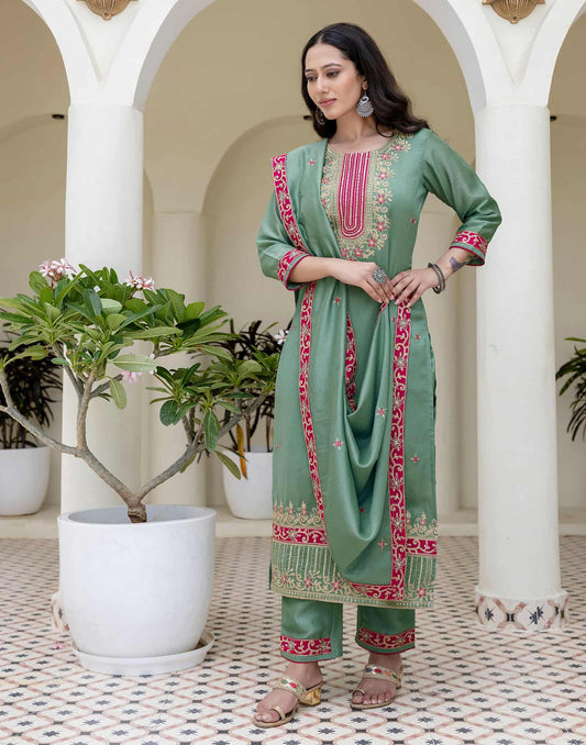 Silk Embroidery, Sequins Work and Embroidery Lace A-Line Kurta with Pant & Dupatta