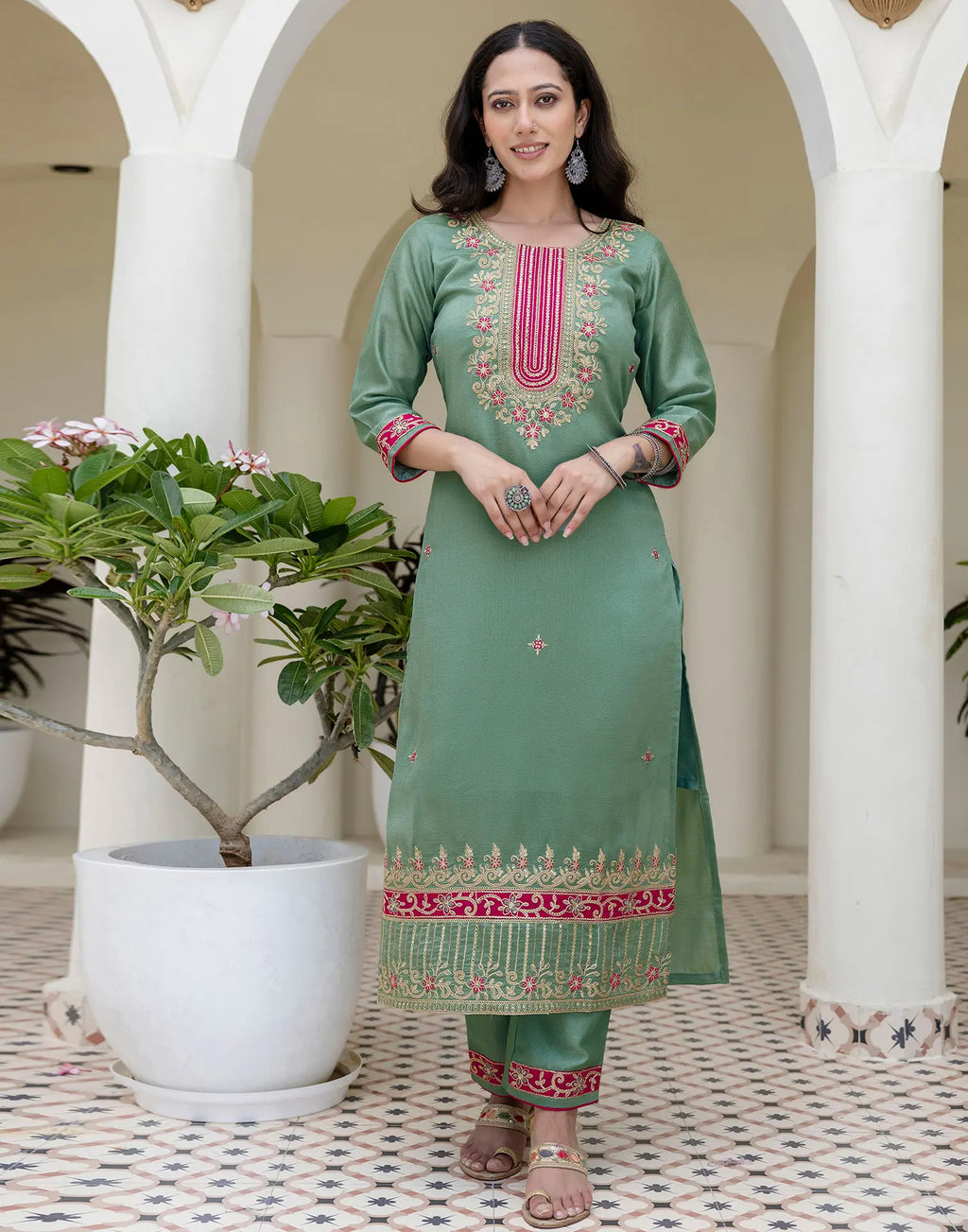Silk Embroidered Straight 3 Piece Kurta Set