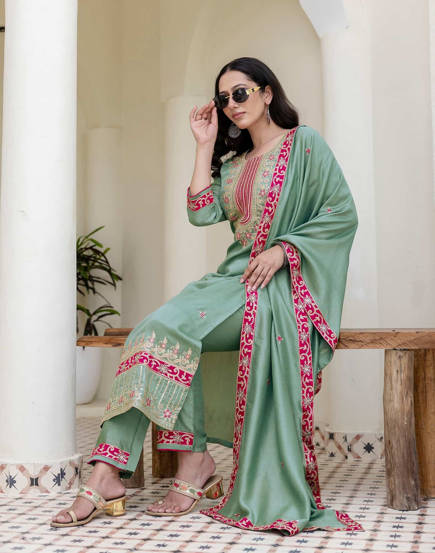 Silk Embroidery, Sequins Work and Embroidery Lace A-Line Kurta with Pant & Dupatta