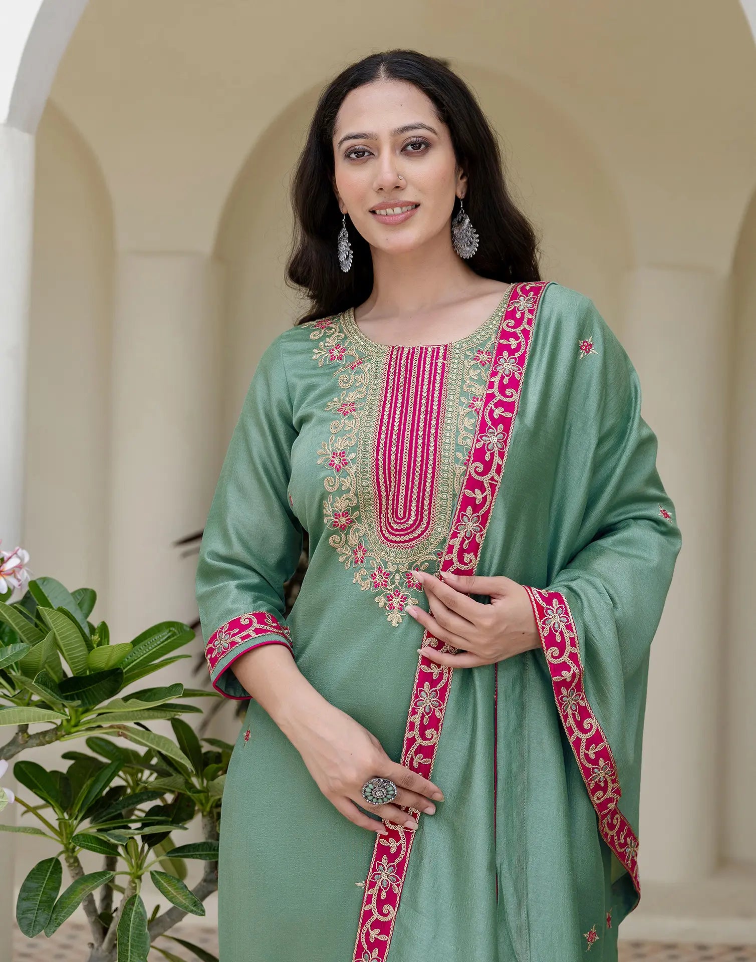 Silk Embroidered Straight 3 Piece Kurta Set