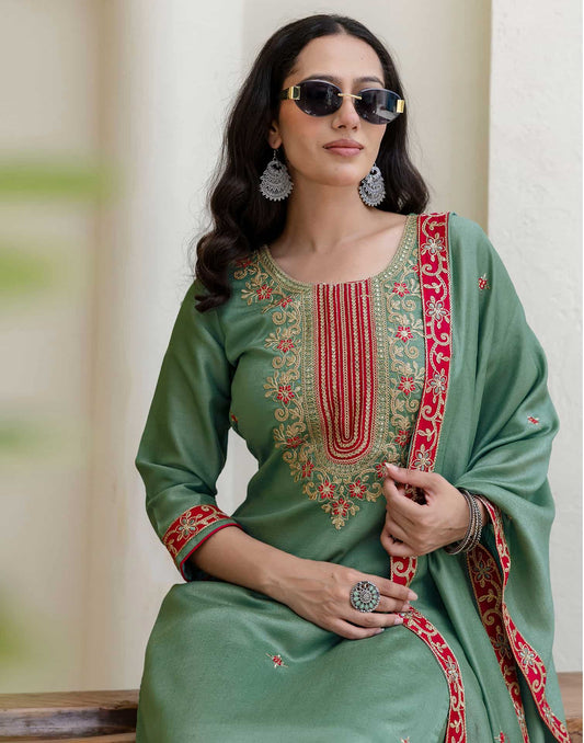Silk Embroidery, Sequins Work and Embroidery Lace A-Line Kurta with Pant & Dupatta