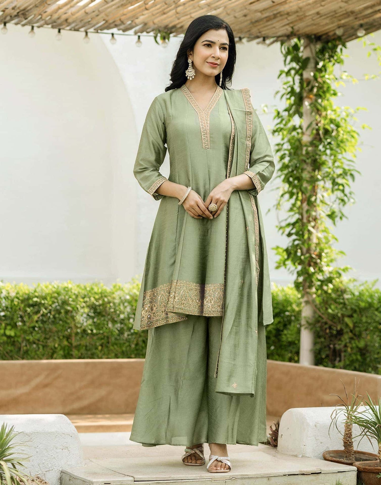 Silk Embroidery Lace Anarkali Kurta with Pant & Dupatta