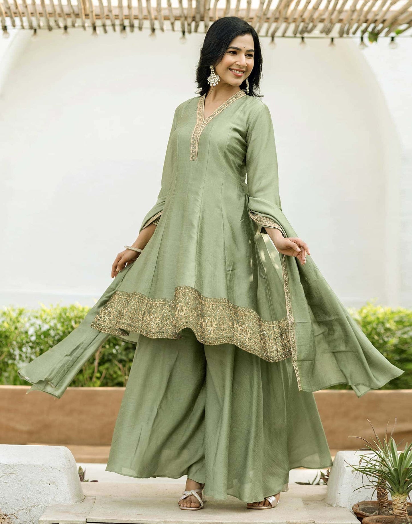 Silk Embroidery Lace Anarkali Kurta with Pant & Dupatta