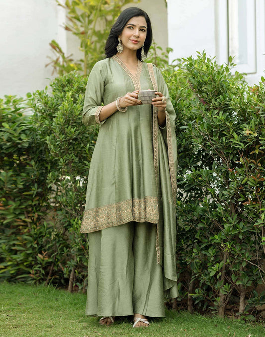 Silk Embroidery Lace Anarkali Kurta with Pant & Dupatta