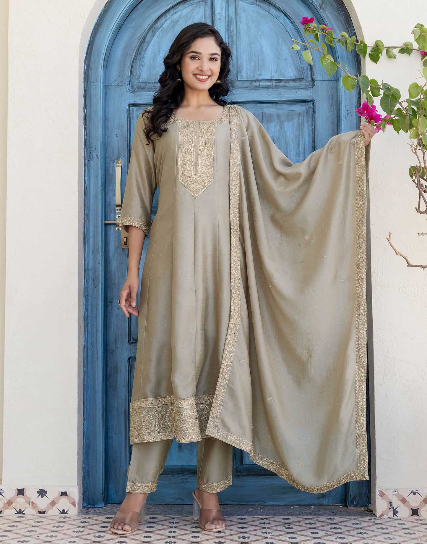 Silk Embroidery, Sequins Work and Embroidery Lace A-Line Kurta with Pant & Dupatta