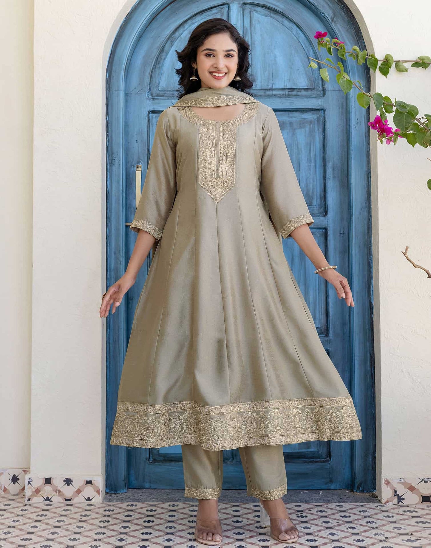 Silk Embroidery, Sequins Work and Embroidery Lace A-Line Kurta with Pant & Dupatta