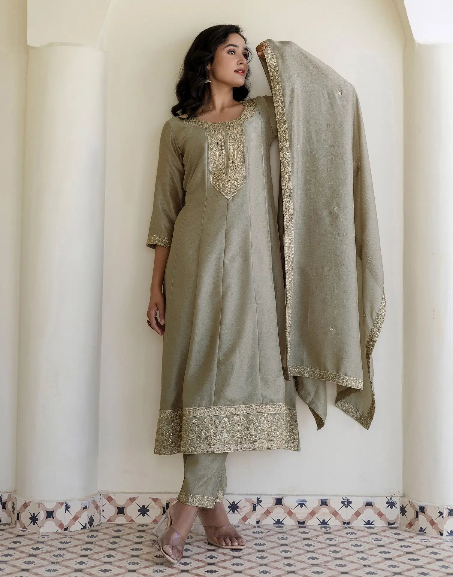 Silk Embroidered Anarkali 3 Piece Kurta Set