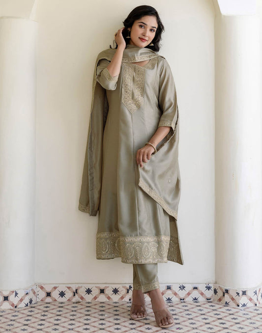 Silk Embroidery, Sequins Work and Embroidery Lace A-Line Kurta with Pant & Dupatta