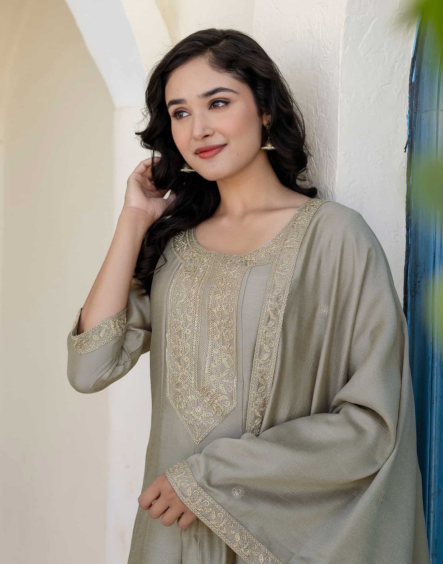 Silk Embroidery, Sequins Work and Embroidery Lace A-Line Kurta with Pant & Dupatta