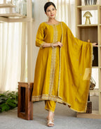 Poly Chinnon Embroidered A-Line 3 Piece Kurta Set