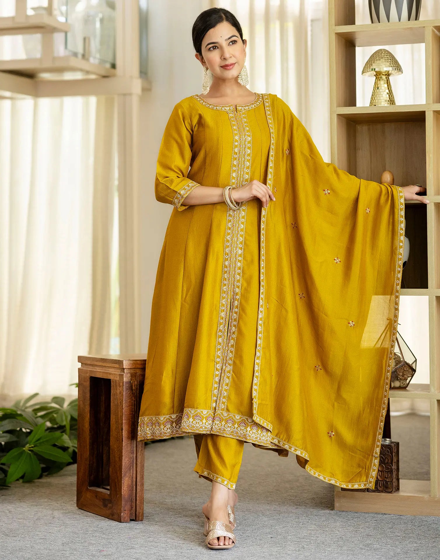 Poly Chinnon Embroidered A-Line 3 Piece Kurta Set