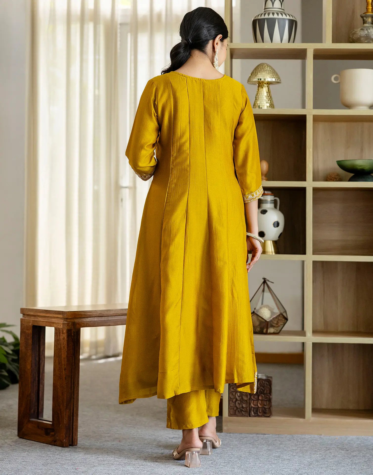 Poly Chinnon Embroidered A-Line 3 Piece Kurta Set