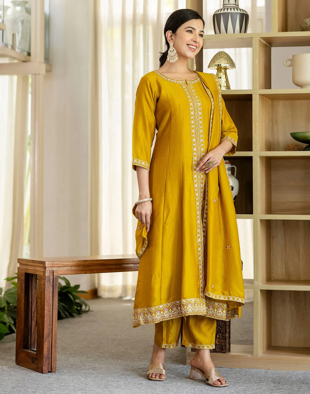 Poly Chinnon Embroidered A-Line 3 Piece Kurta Set