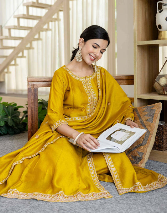 Silk Embroidery, Sequins Work and Embroidery Lace Anarkali Kurta with Pant & Dupatta