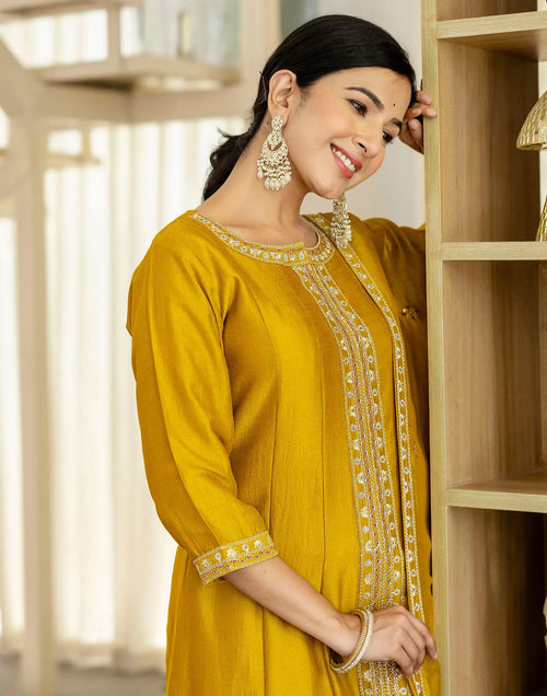 Poly Chinnon Embroidered A-Line 3 Piece Kurta Set