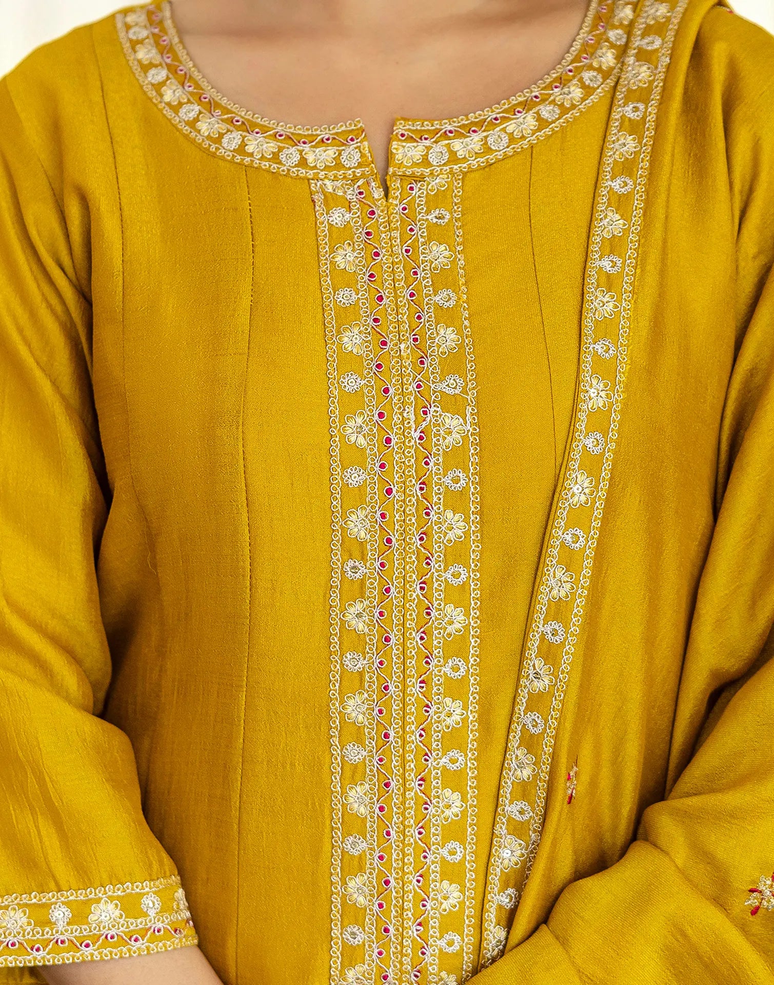 Poly Chinnon Embroidered A-Line 3 Piece Kurta Set