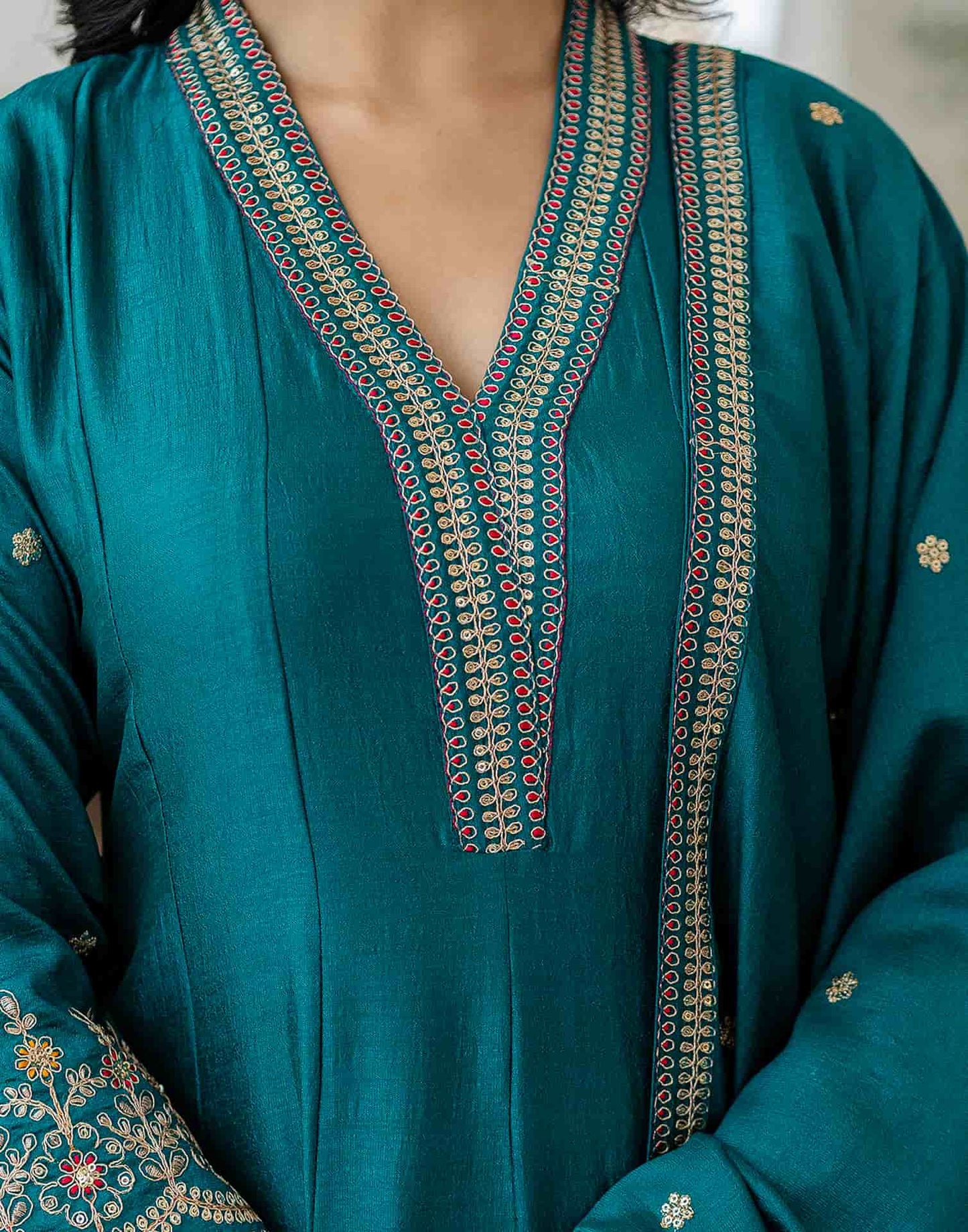 Silk Flared Embroidery V-Neck Kurta with Pant & Dupatta