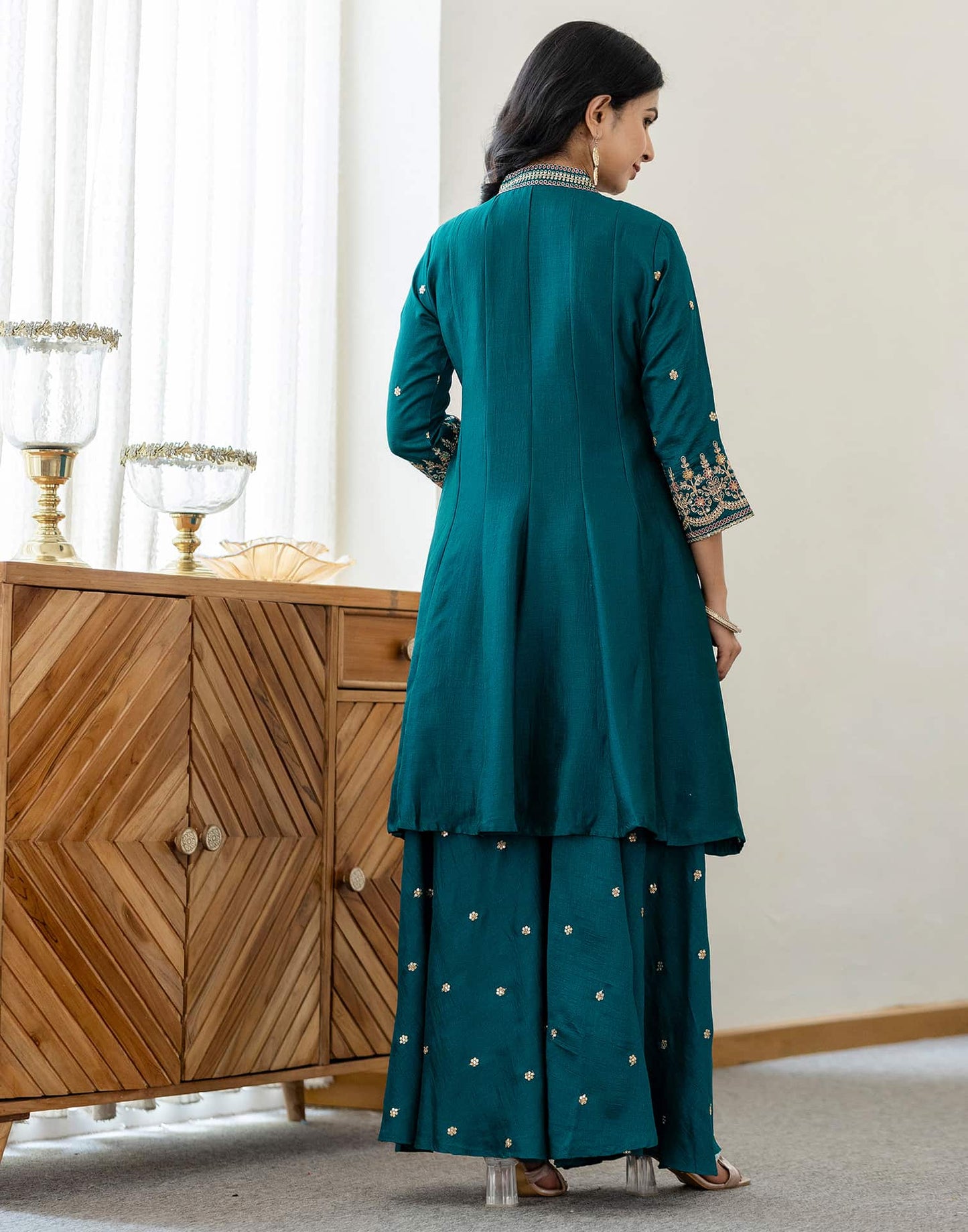 Silk Flared Embroidery V-Neck Kurta with Pant & Dupatta