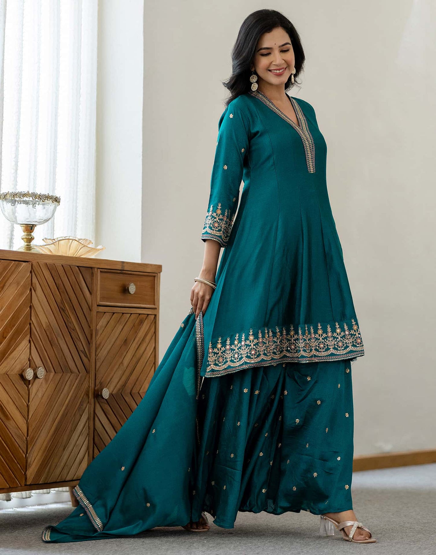 Silk Flared Embroidery V-Neck Kurta with Pant & Dupatta