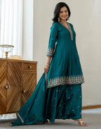 Poly Chinnon Embroidered Anarkali 3 Piece Kurta Set