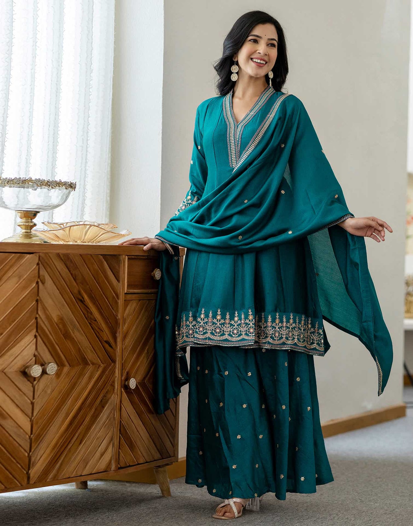 Silk Flared Embroidery V-Neck Kurta with Pant & Dupatta