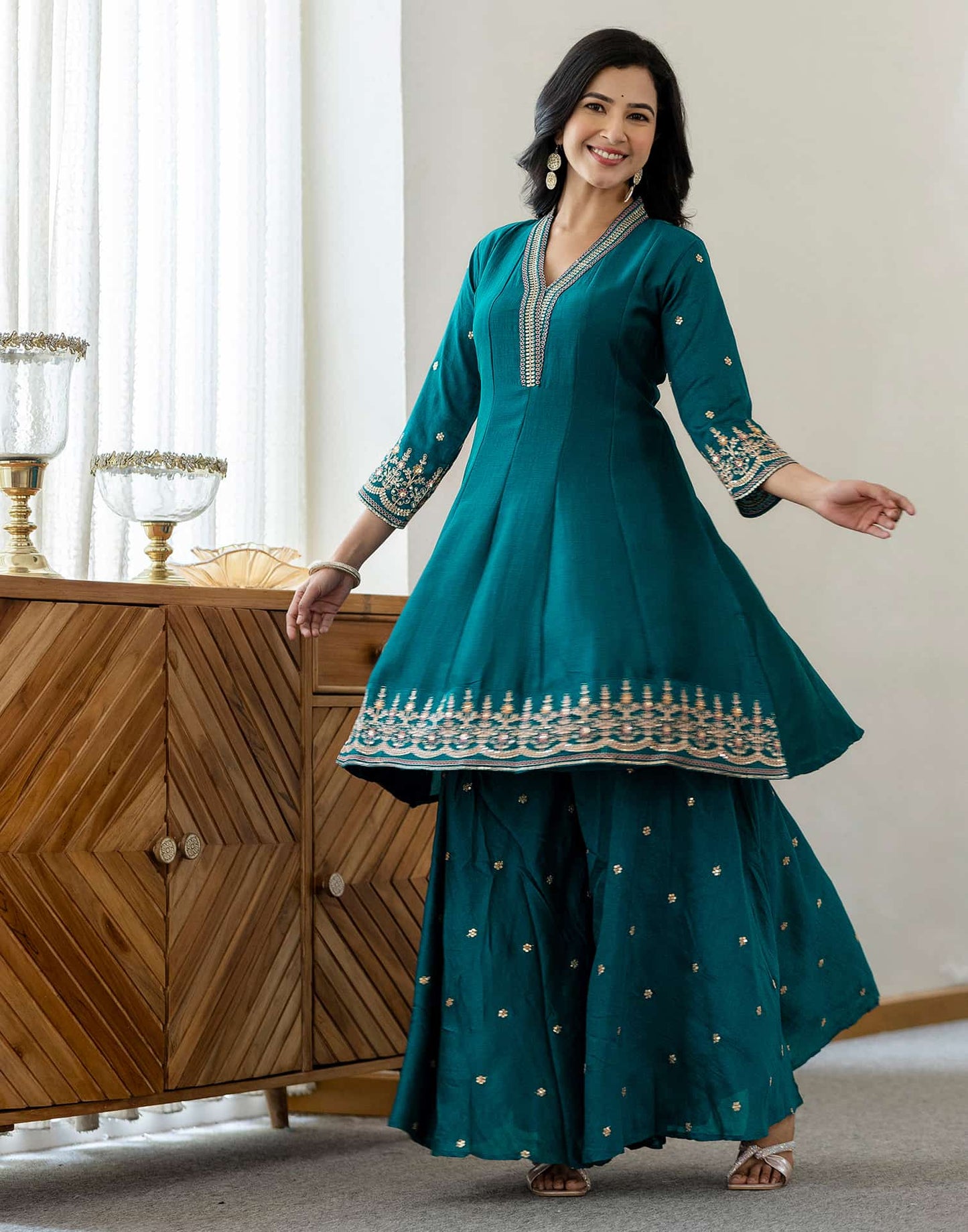 Silk Flared Embroidery V-Neck Kurta with Pant & Dupatta