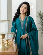 Poly Chinnon Embroidered Anarkali 3 Piece Kurta Set