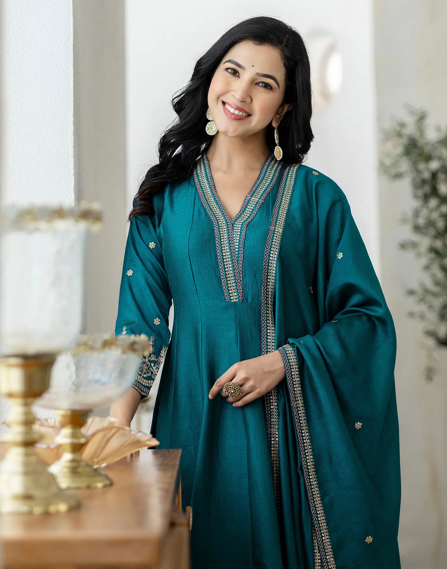 Poly Chinnon Embroidered Anarkali 3 Piece Kurta Set