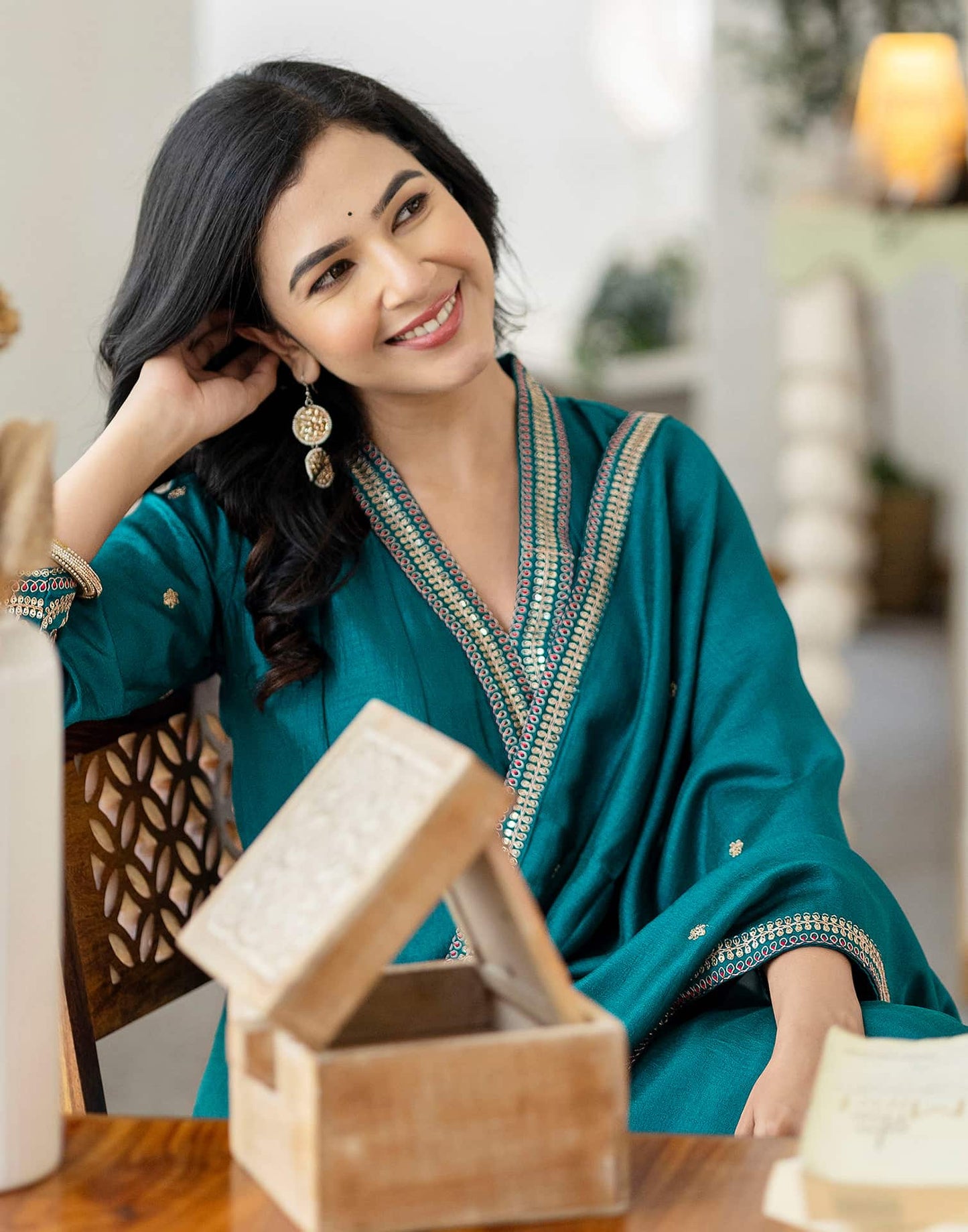 Silk Flared Embroidery V-Neck Kurta with Pant & Dupatta