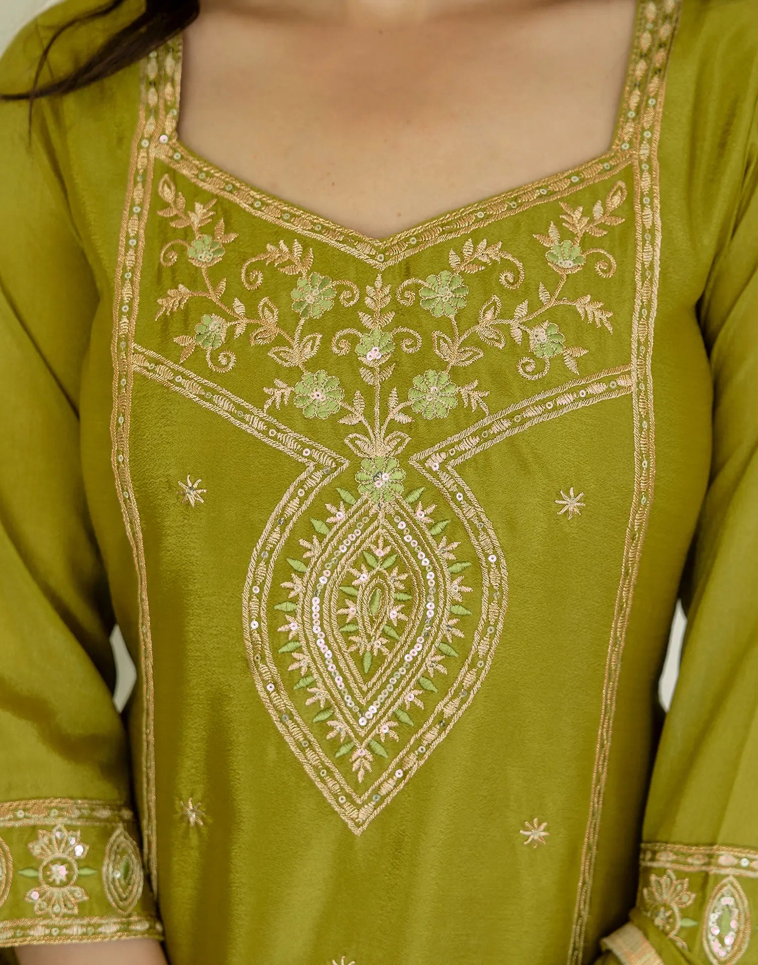 Poly Chinnon Embroidered Straight 3 Piece Kurta Set