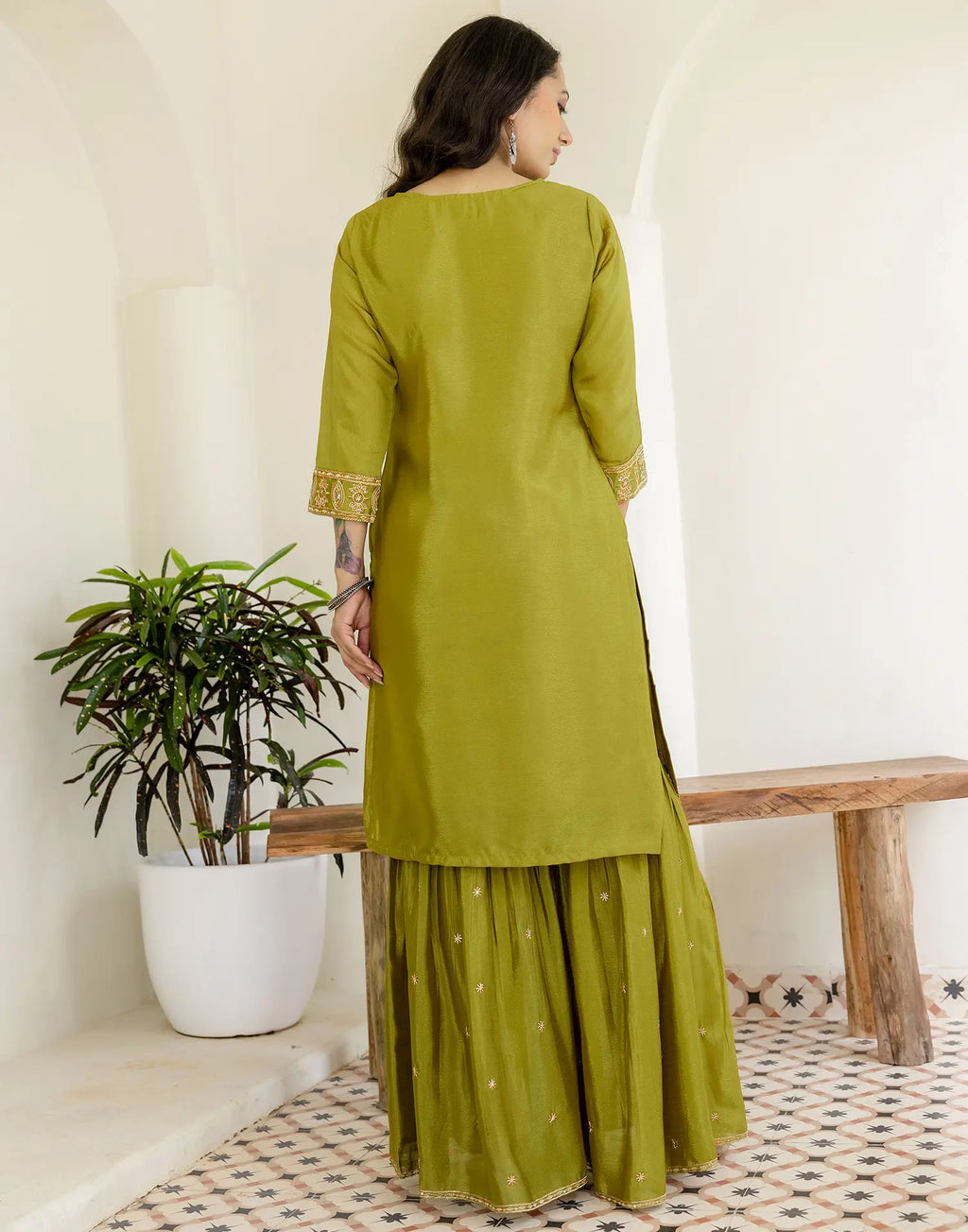 Poly Chinnon Embroidered Straight 3 Piece Kurta Set