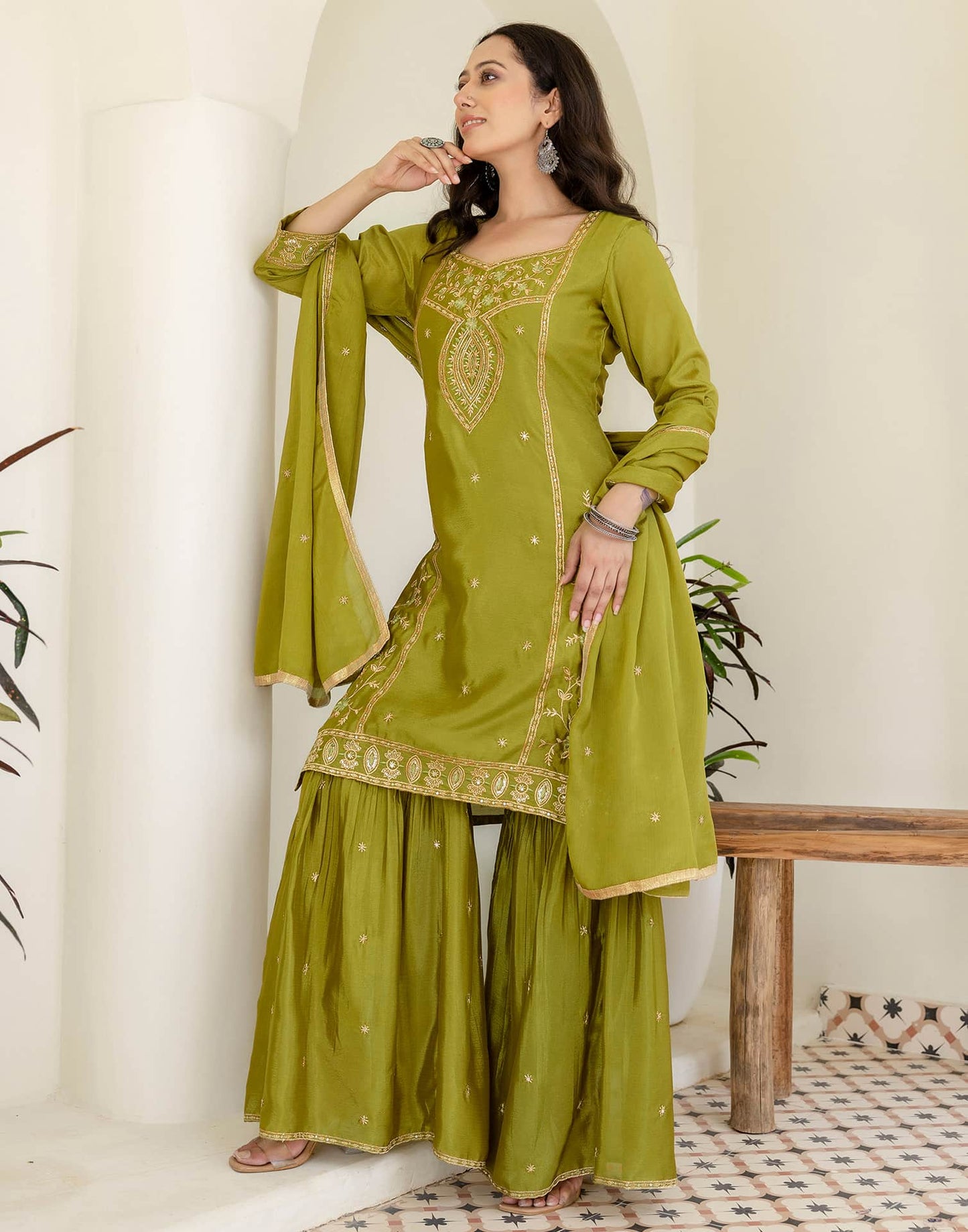 Silk Straight Embroidery Square Neck Kurta with Pant & Dupatta
