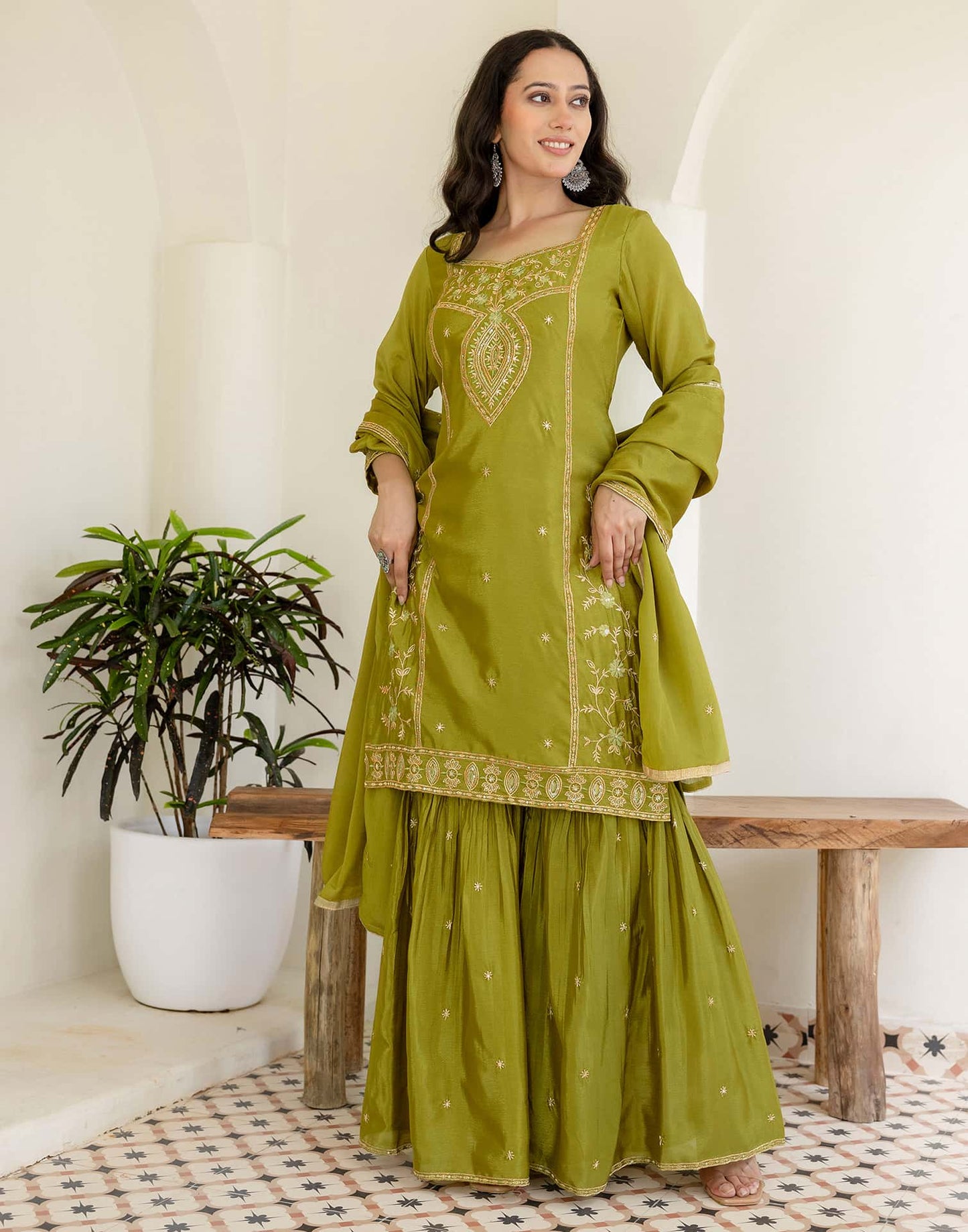 Silk Straight Embroidery Square Neck Kurta with Pant & Dupatta
