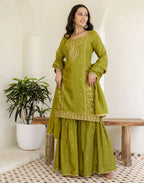 Poly Chinnon Embroidered Straight 3 Piece Kurta Set