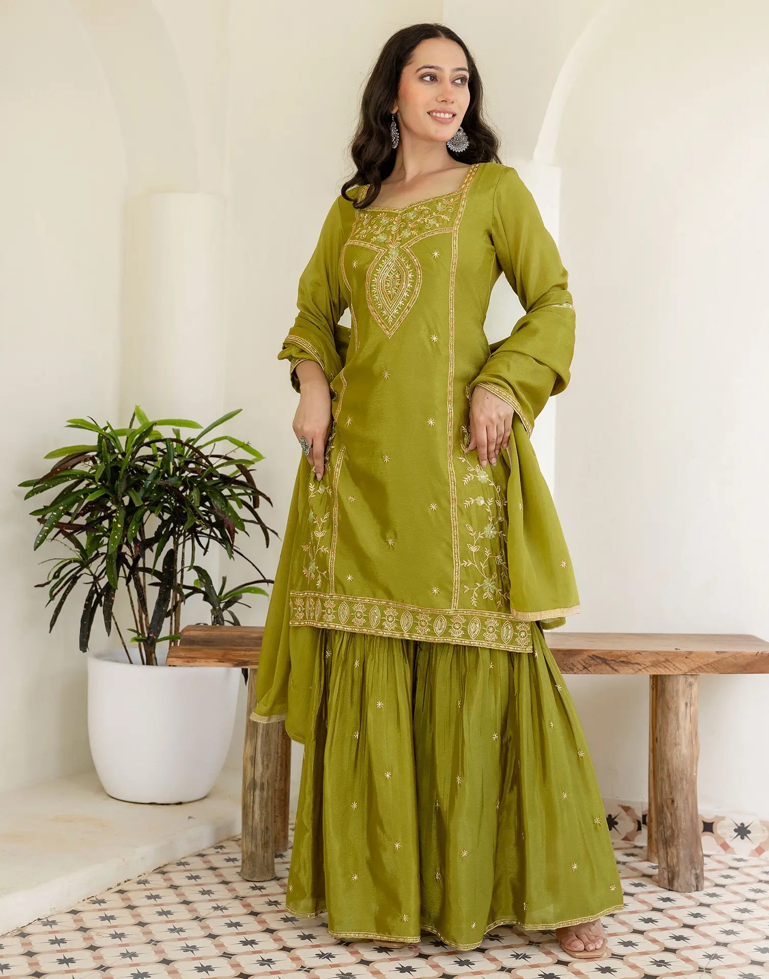 Poly Chinnon Embroidered Straight 3 Piece Kurta Set