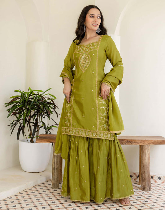 Silk Straight Embroidery Square Neck Kurta with Pant & Dupatta