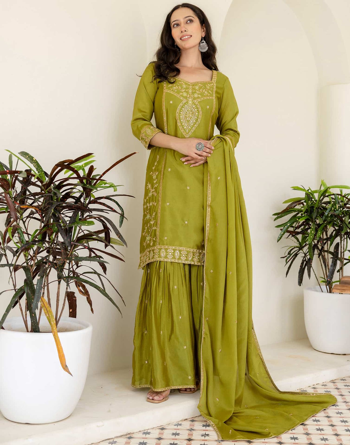 Silk Straight Embroidery Square Neck Kurta with Pant & Dupatta