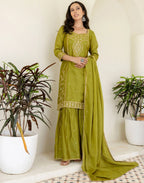 Poly Chinnon Embroidered Straight 3 Piece Kurta Set