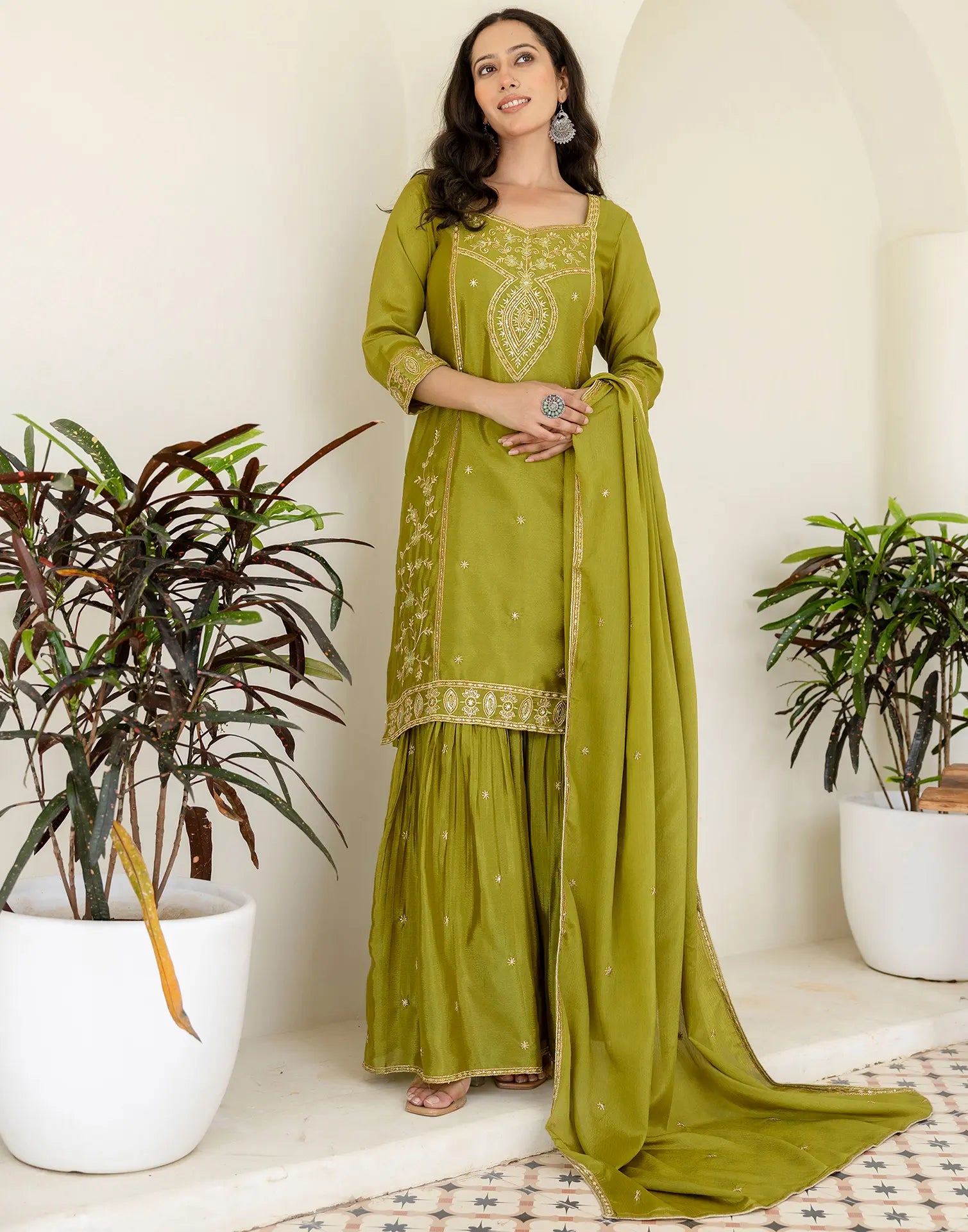 Poly Chinnon Embroidered Straight 3 Piece Kurta Set