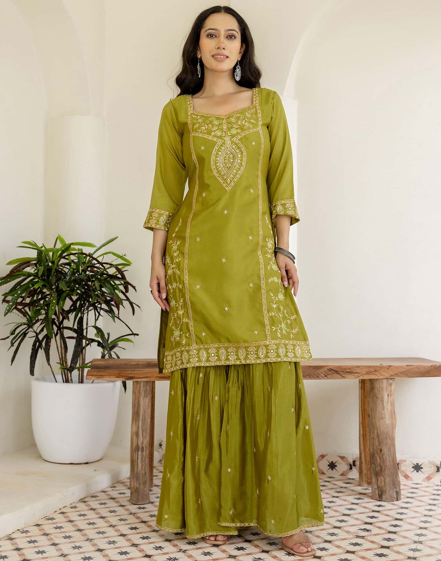 Silk Straight Embroidery Square Neck Kurta with Pant & Dupatta