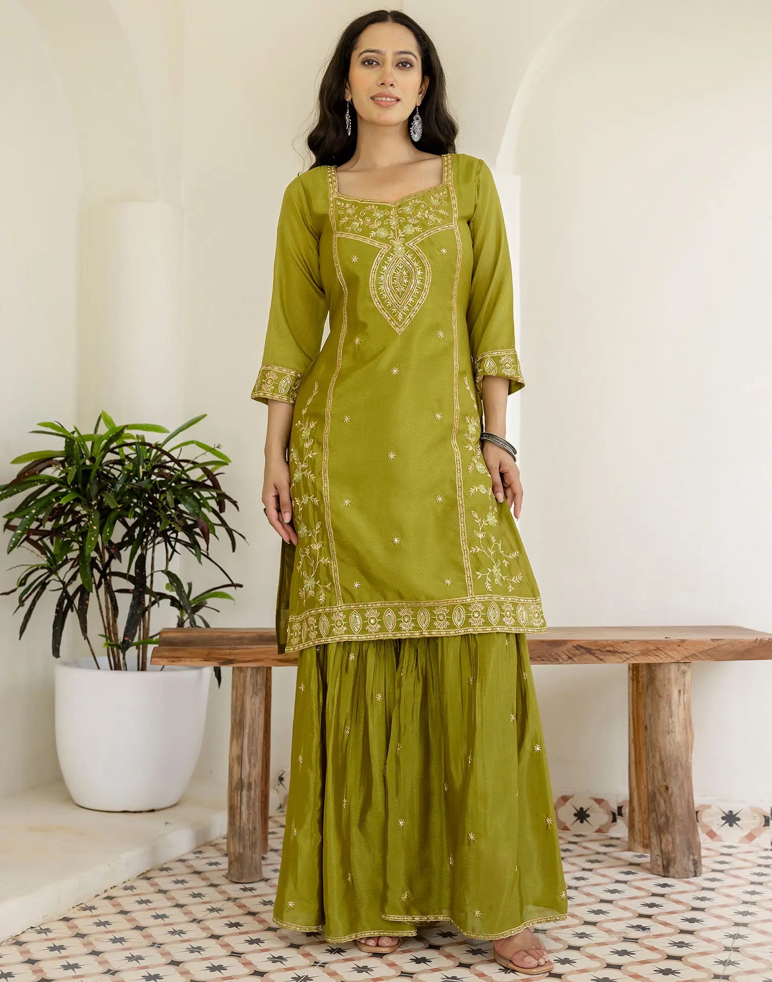 Poly Chinnon Embroidered Straight 3 Piece Kurta Set