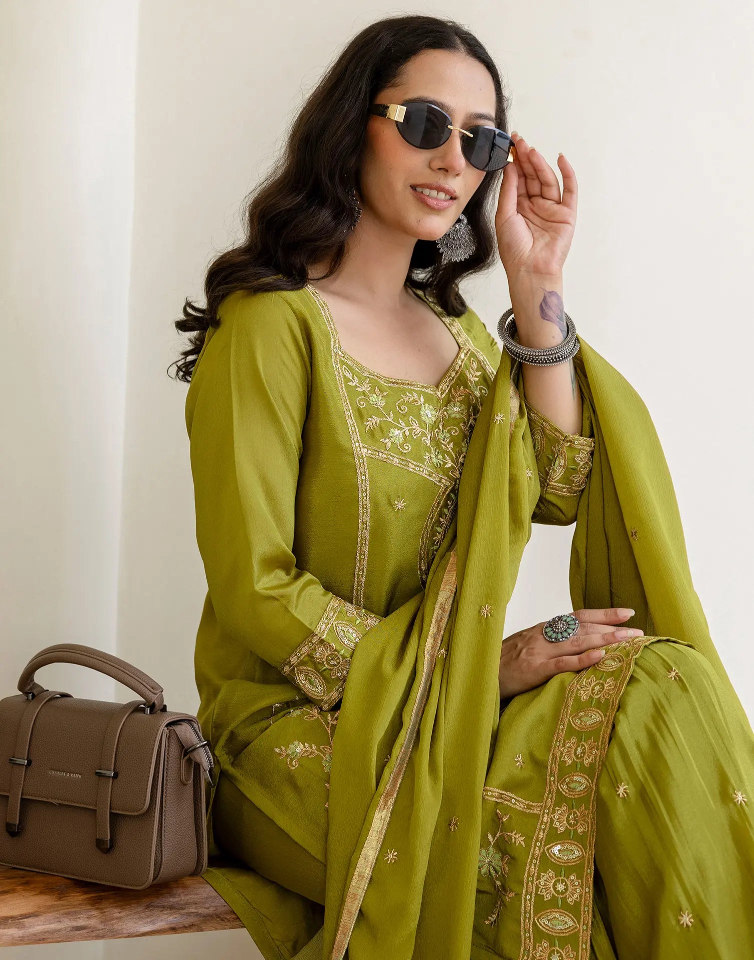 Poly Chinnon Embroidered Straight 3 Piece Kurta Set