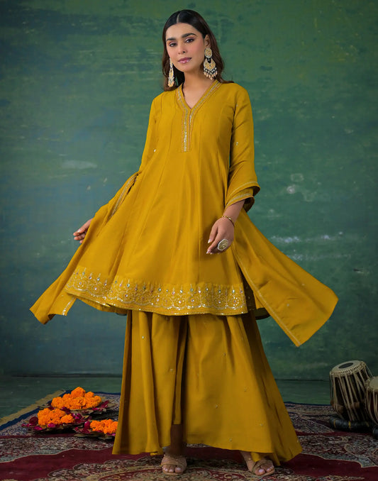 Silk Sequins Work Anarkali 3 Piece Kurta Set