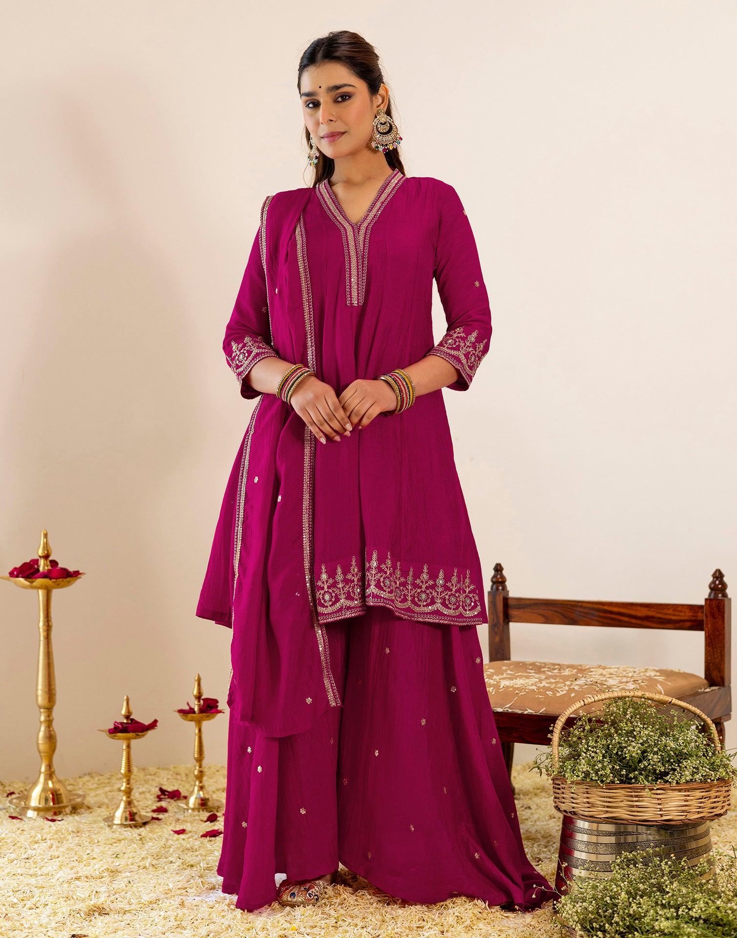 Skylee Silk Sequins Work A-Line 3 Piece Kurta Set For Woman