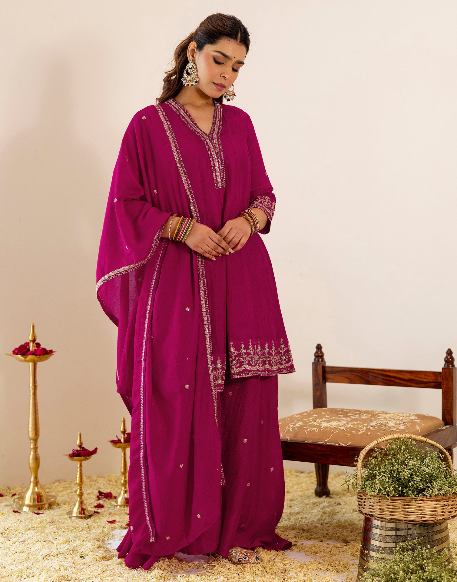 Skylee Silk Sequins Work A-Line 3 Piece Kurta Set For Woman