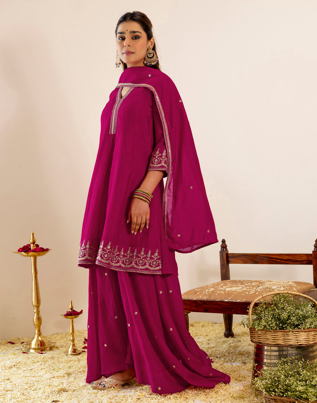Skylee Silk Sequins Work A-Line 3 Piece Kurta Set For Woman