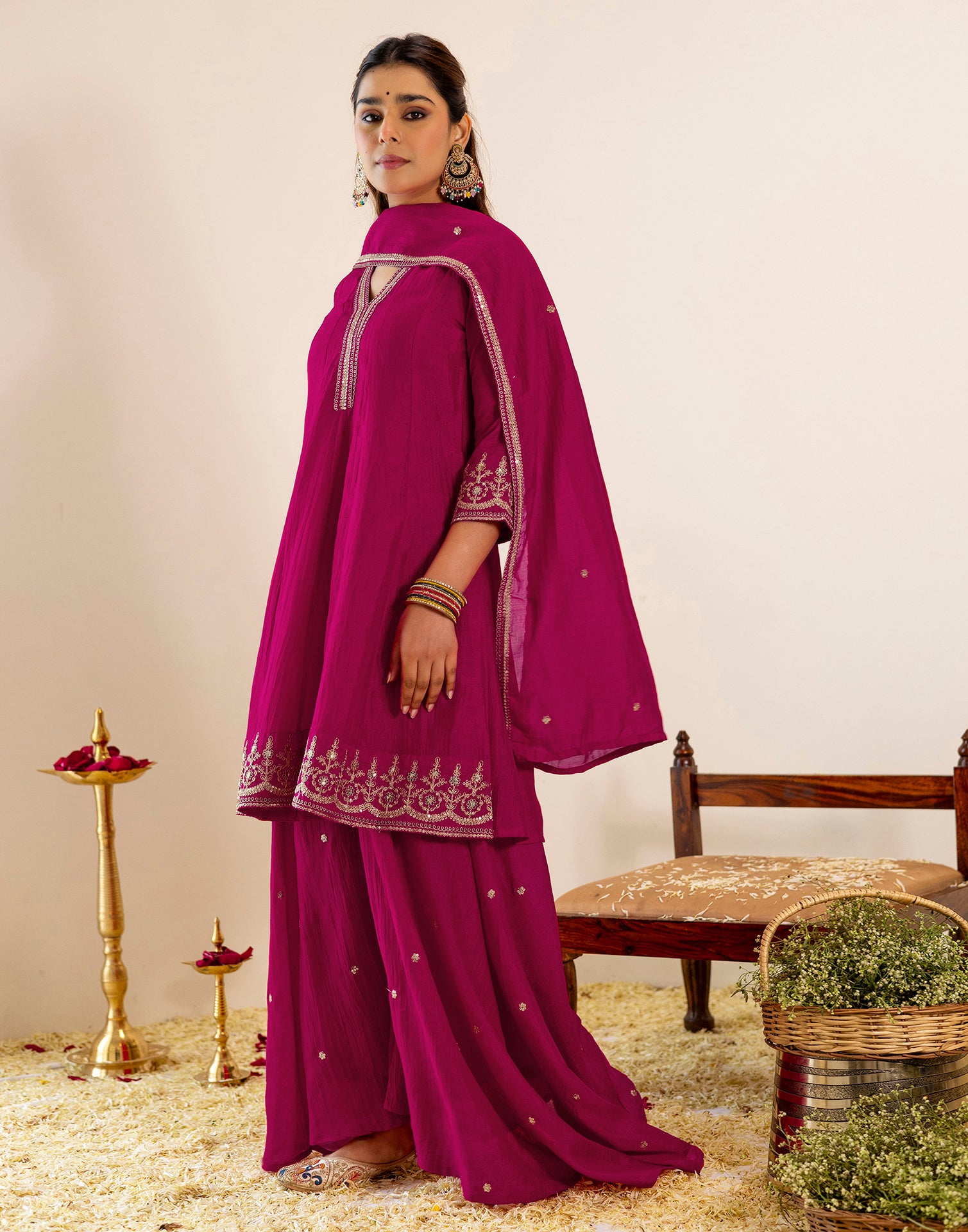 Skylee Silk Sequins Work A-Line 3 Piece Kurta Set For Woman